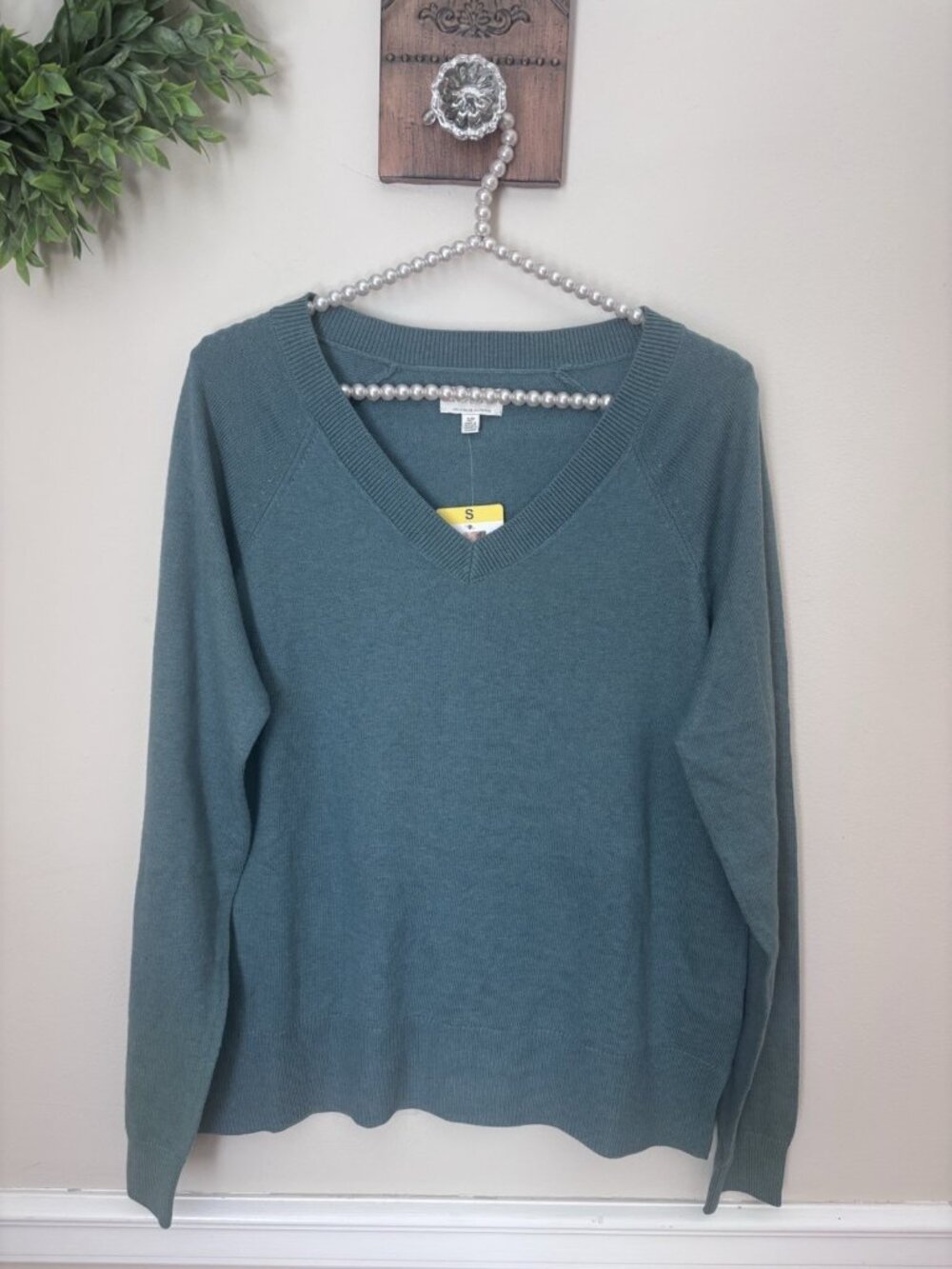 NWT Lucky Brand Womens Size Small Sea Pine Green V-Neck Sweater Cotton Blend